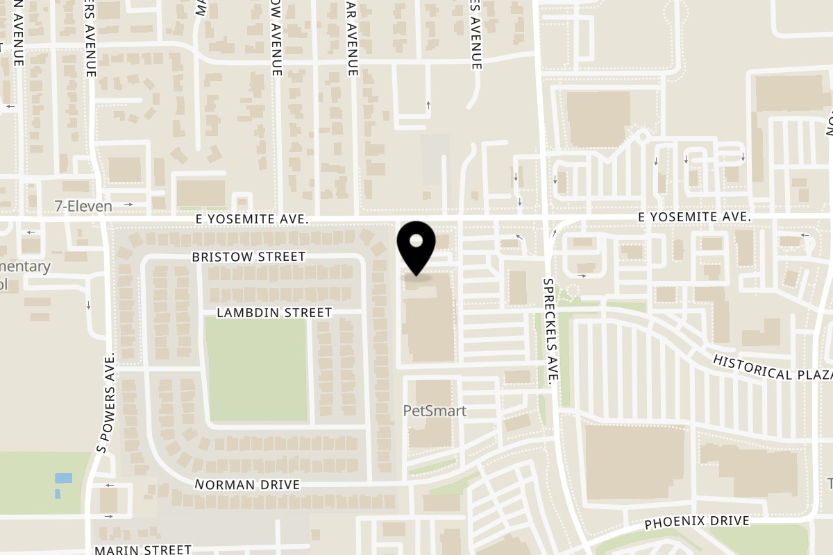 Map showing the location of Happy Pizza on 1166 E Yosemite Ave in Manteca